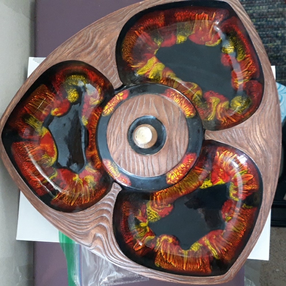 Vintage USA California brown platter with orange, yellow, green and black glaze